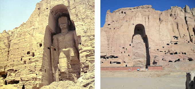 Buda de Bamiyan antes de su destrucción y cuevas en Bamiyan sin los Budas