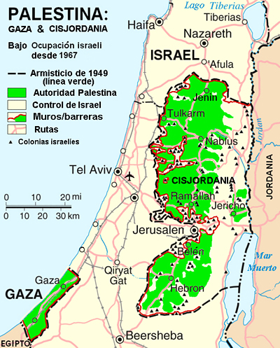 Mapa de Palestina e Israel en 2005